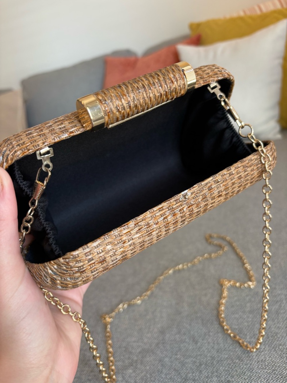Woven Clutch Crossbody Purse Party Summer Beach Vacation Festival Bag Gold Chain - Picture 8 of 15